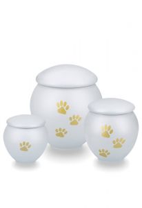 Light grey pet urn with gold coloured paws